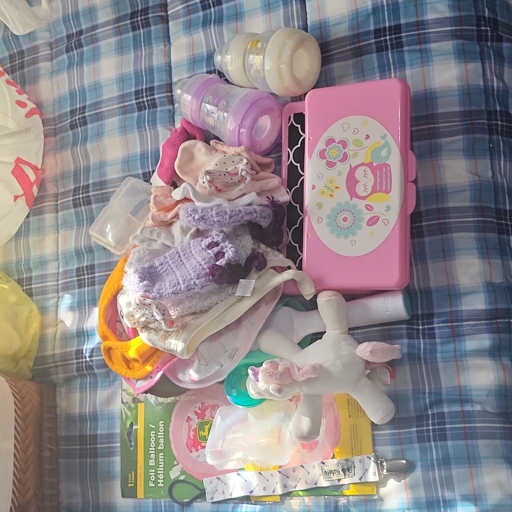 Large baby girl random lot brush bibs New John Deere balloons wipe case pacifier